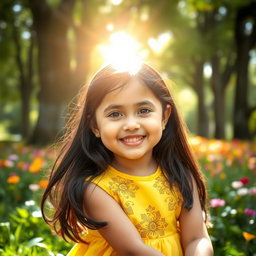 A portrait of a young girl with long, flowing black hair, wearing a bright yellow dress adorned with intricate floral patterns