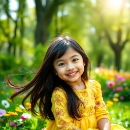 A portrait of a young girl with long, flowing black hair, wearing a bright yellow dress adorned with intricate floral patterns