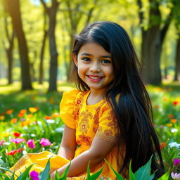 A portrait of a young girl with long, flowing black hair, wearing a bright yellow dress adorned with intricate floral patterns