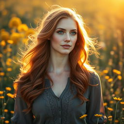 A stunning portrait of a beautiful redhead woman with flowing fiery locks, radiant skin, and striking green eyes