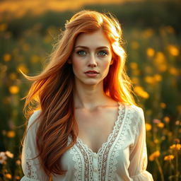 A stunning portrait of a beautiful redhead woman with flowing fiery locks, radiant skin, and striking green eyes