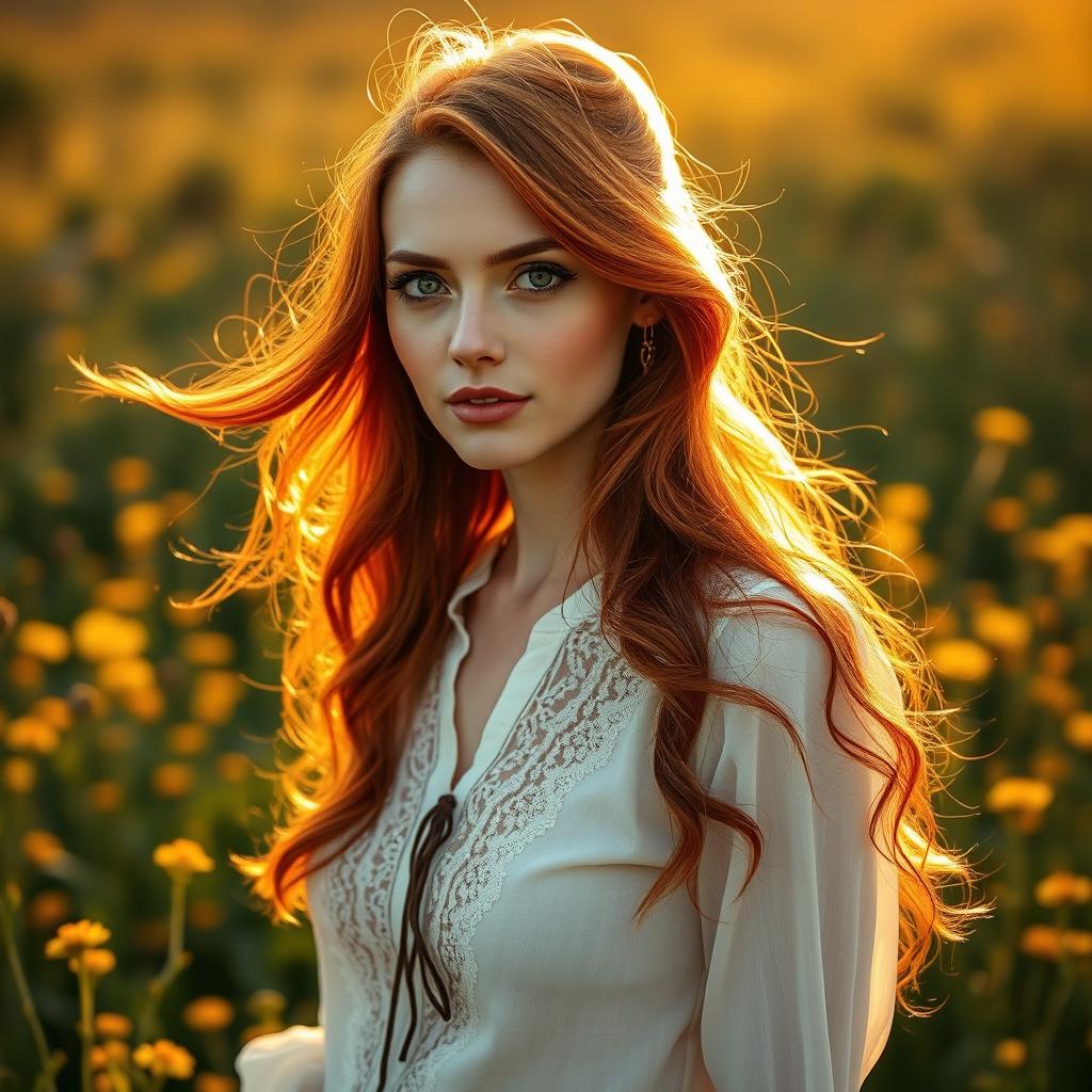 A stunning portrait of a beautiful redhead woman with flowing fiery locks, radiant skin, and striking green eyes