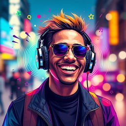 A modern, artistic interpretation of a person wearing stylish headphones, surrounded by vibrant colors and dynamic sound waves