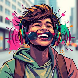 A modern, artistic interpretation of a person wearing stylish headphones, surrounded by vibrant colors and dynamic sound waves