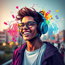 A modern, artistic interpretation of a person wearing stylish headphones, surrounded by vibrant colors and dynamic sound waves