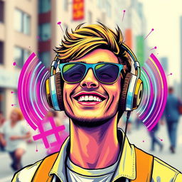 A modern, artistic interpretation of a person wearing stylish headphones, surrounded by vibrant colors and dynamic sound waves