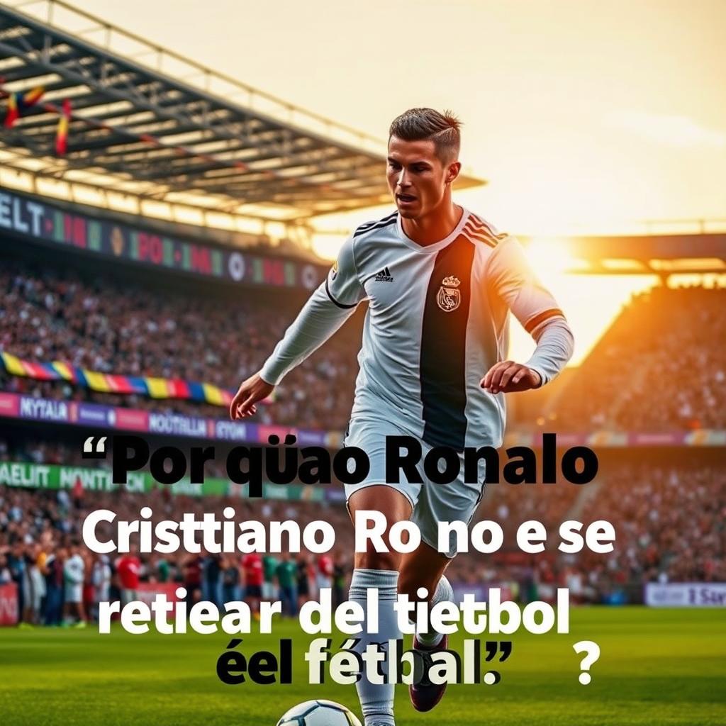 Cristiano Ronaldo is seen on a football field during a match, intensely focused and showing determination as he dribbles past defenders