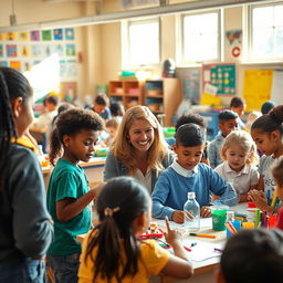 A vibrant and bustling classroom scene filled with diverse students engaged in learning activities