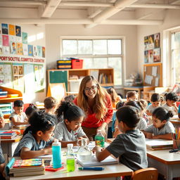 A vibrant and bustling classroom scene filled with diverse students engaged in learning activities