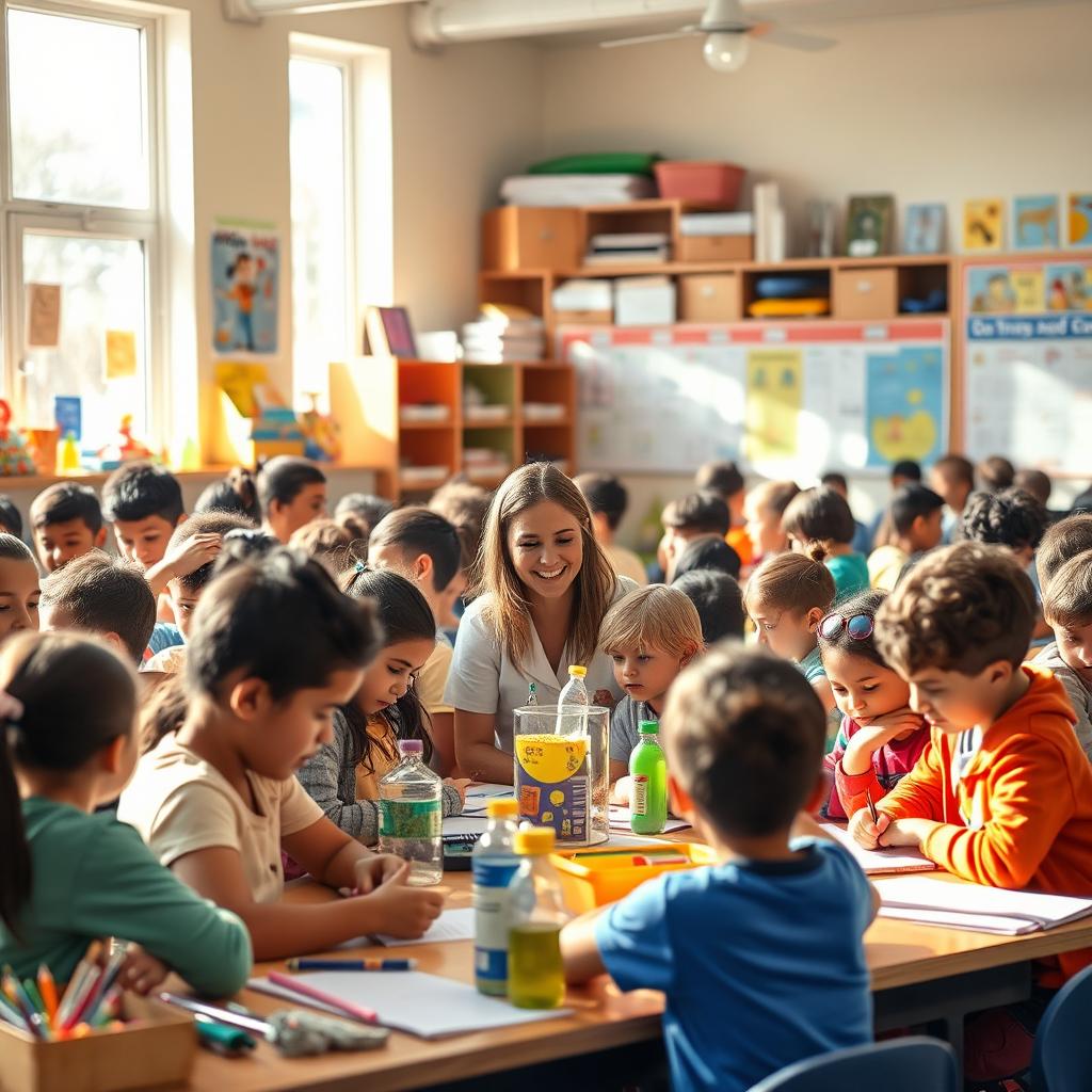 A vibrant and bustling classroom scene filled with diverse students engaged in learning activities