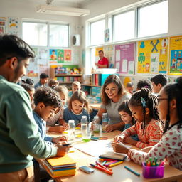 A vibrant and bustling classroom scene filled with diverse students engaged in learning activities