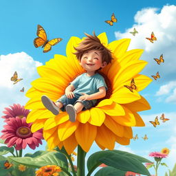 A whimsical scene depicting a young boy sitting peacefully on a large, vibrant flower in a lush garden