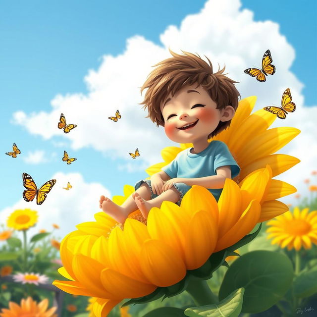 A whimsical scene depicting a young boy sitting peacefully on a large, vibrant flower in a lush garden