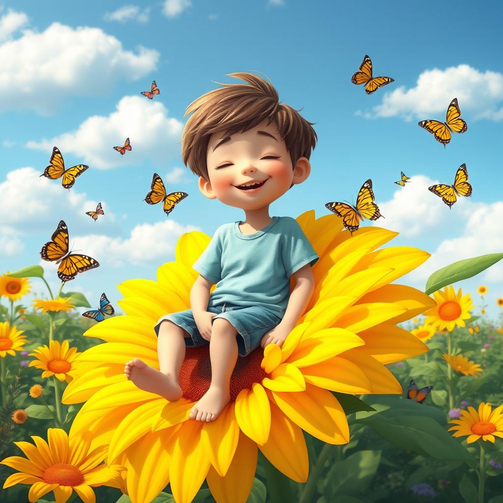A whimsical scene depicting a young boy sitting peacefully on a large, vibrant flower in a lush garden