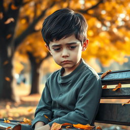 A sad young boy sitting alone on a park bench, looking down with a frown on his face