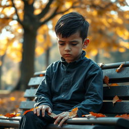 A sad young boy sitting alone on a park bench, looking down with a frown on his face