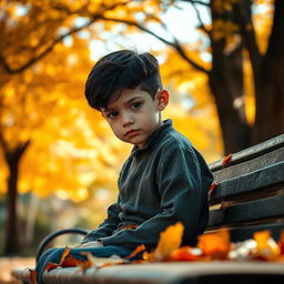 A sad young boy sitting alone on a park bench, looking down with a frown on his face