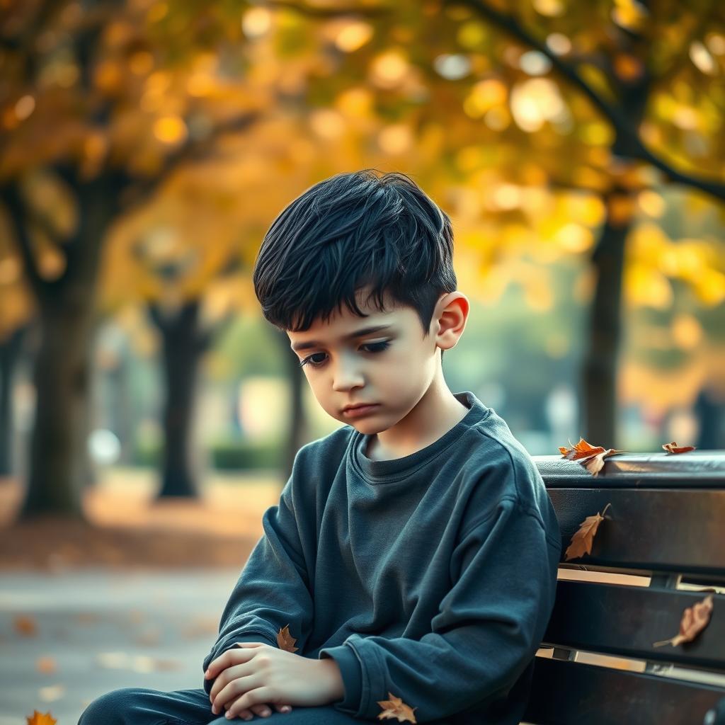 A sad young boy sitting alone on a park bench, looking down with a frown on his face