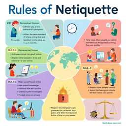 A colorful and informative poster showcasing the rules of netiquette, each rule illustrated with engaging visuals