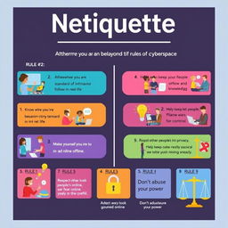 A colorful and informative poster showcasing the rules of netiquette, each rule illustrated with engaging visuals