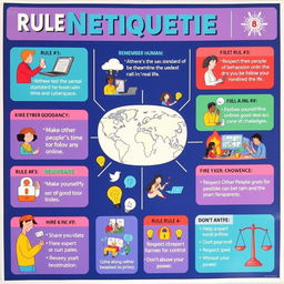 A colorful and informative poster showcasing the rules of netiquette, each rule illustrated with engaging visuals