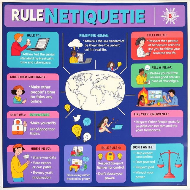 A colorful and informative poster showcasing the rules of netiquette, each rule illustrated with engaging visuals