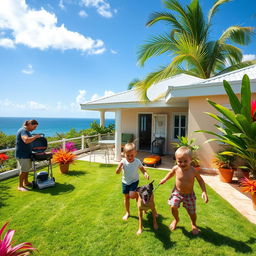 A sunny patio of a Caribbean house with freshly cut grass