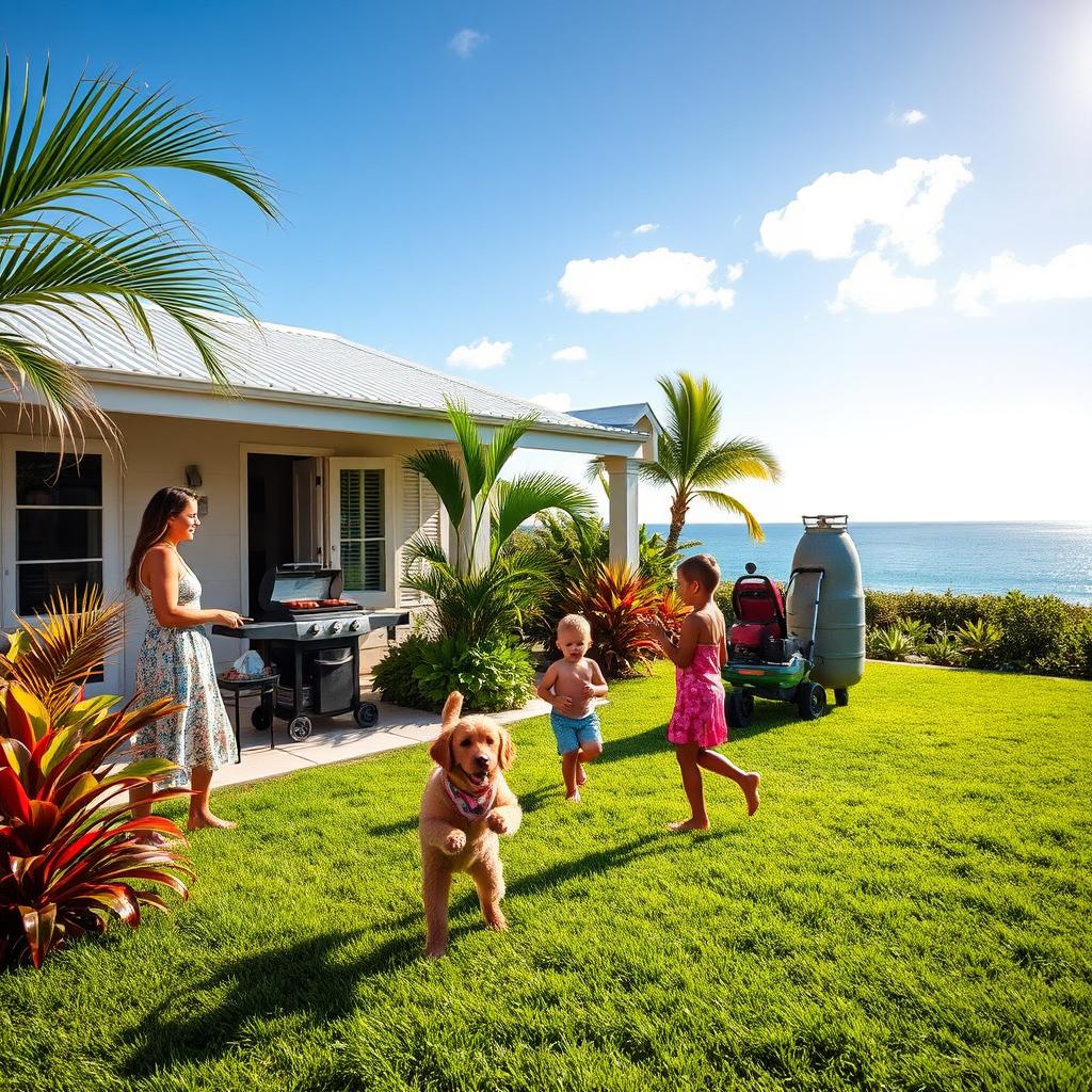 A sunny patio of a Caribbean house with freshly cut grass