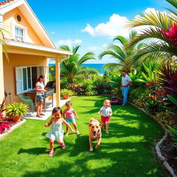 A sunny patio of a Caribbean house with freshly cut grass