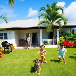 A sunny patio of a Caribbean house with freshly cut grass