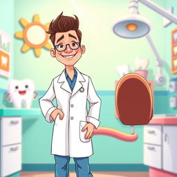 A detailed illustration of a dentist in a bright and colorful dental clinic, standing proudly in front of a cartoon-styled wall