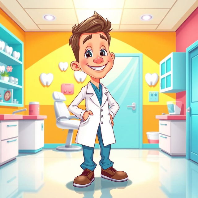 A detailed illustration of a dentist in a bright and colorful dental clinic, standing proudly in front of a cartoon-styled wall