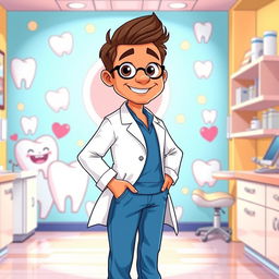 A detailed illustration of a dentist in a bright and colorful dental clinic, standing proudly in front of a cartoon-styled wall