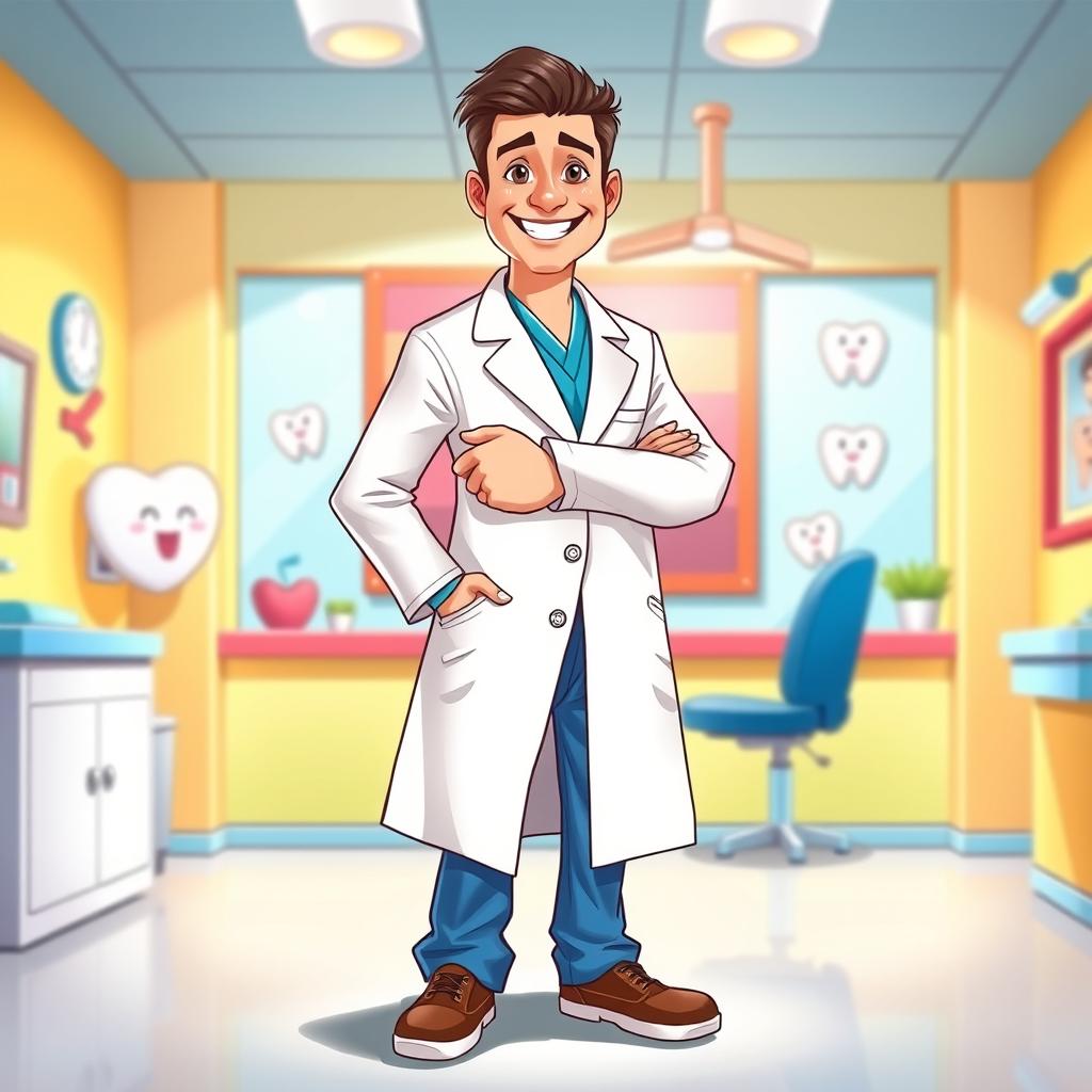 A detailed illustration of a dentist in a bright and colorful dental clinic, standing proudly in front of a cartoon-styled wall