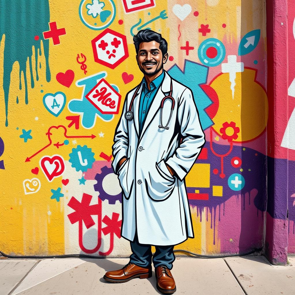 A vibrant mural depicting a doctor standing confidently against a textured wall