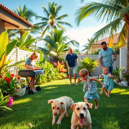 A lively Caribbean patio scene with freshly cut green grass