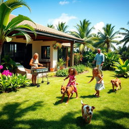A lively Caribbean patio scene with freshly cut green grass