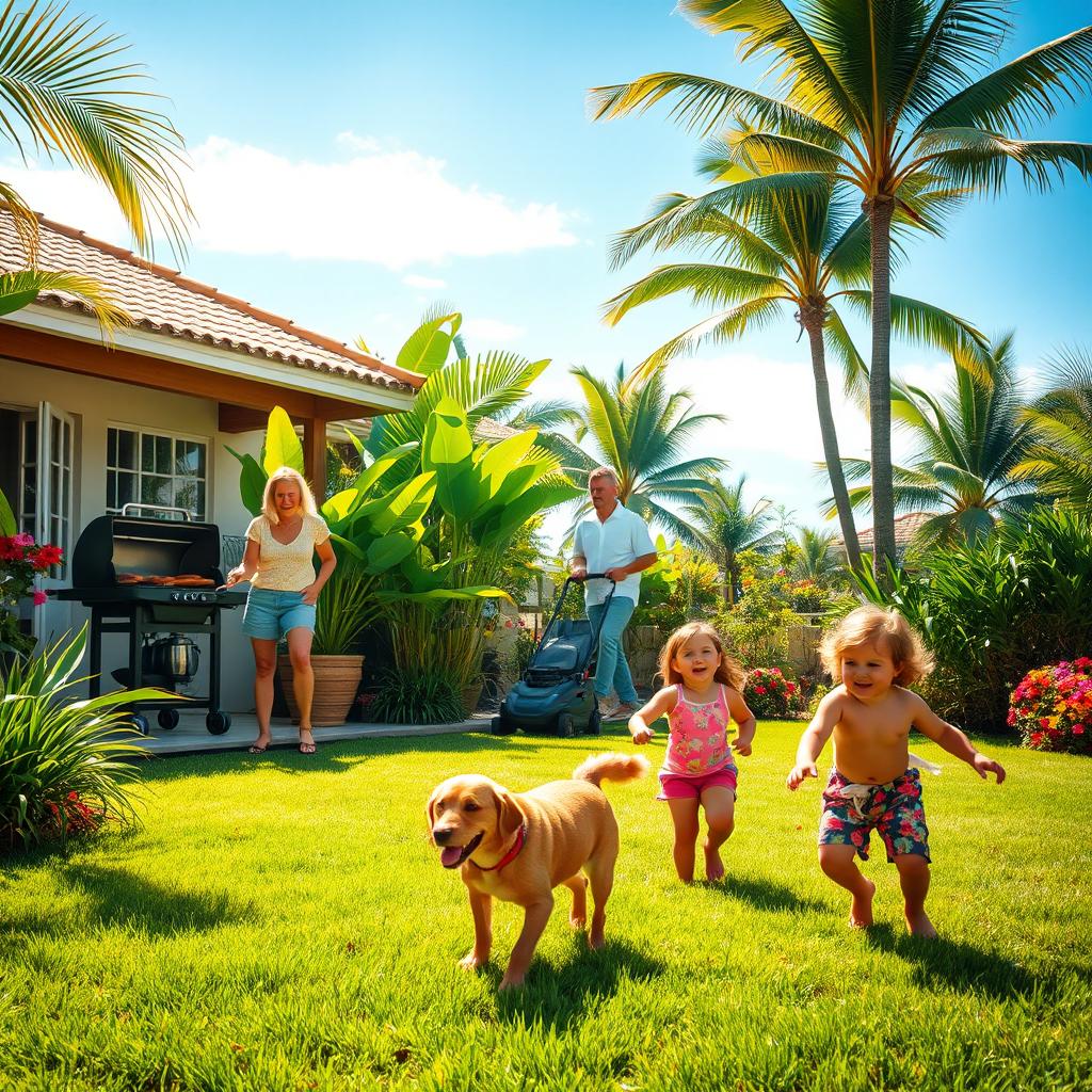 A lively Caribbean patio scene with freshly cut green grass