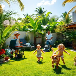 A lively Caribbean patio scene with freshly cut green grass