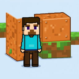 A pixel art representation of Steve from Minecraft standing next to a command block