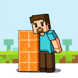 A pixel art representation of Steve from Minecraft standing next to a command block