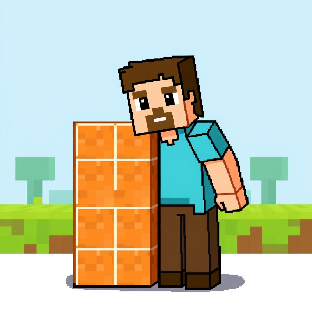 A pixel art representation of Steve from Minecraft standing next to a command block