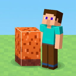 A pixel art representation of Steve from Minecraft standing next to a command block
