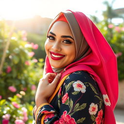 A beautiful woman wearing a colorful hijab, with a confident smile and captivating eyes