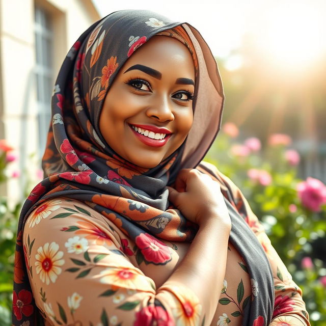 A beautiful woman wearing a colorful hijab, with a confident smile and captivating eyes