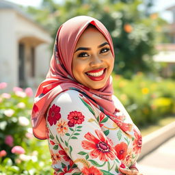 A beautiful woman wearing a colorful hijab, with a confident smile and captivating eyes