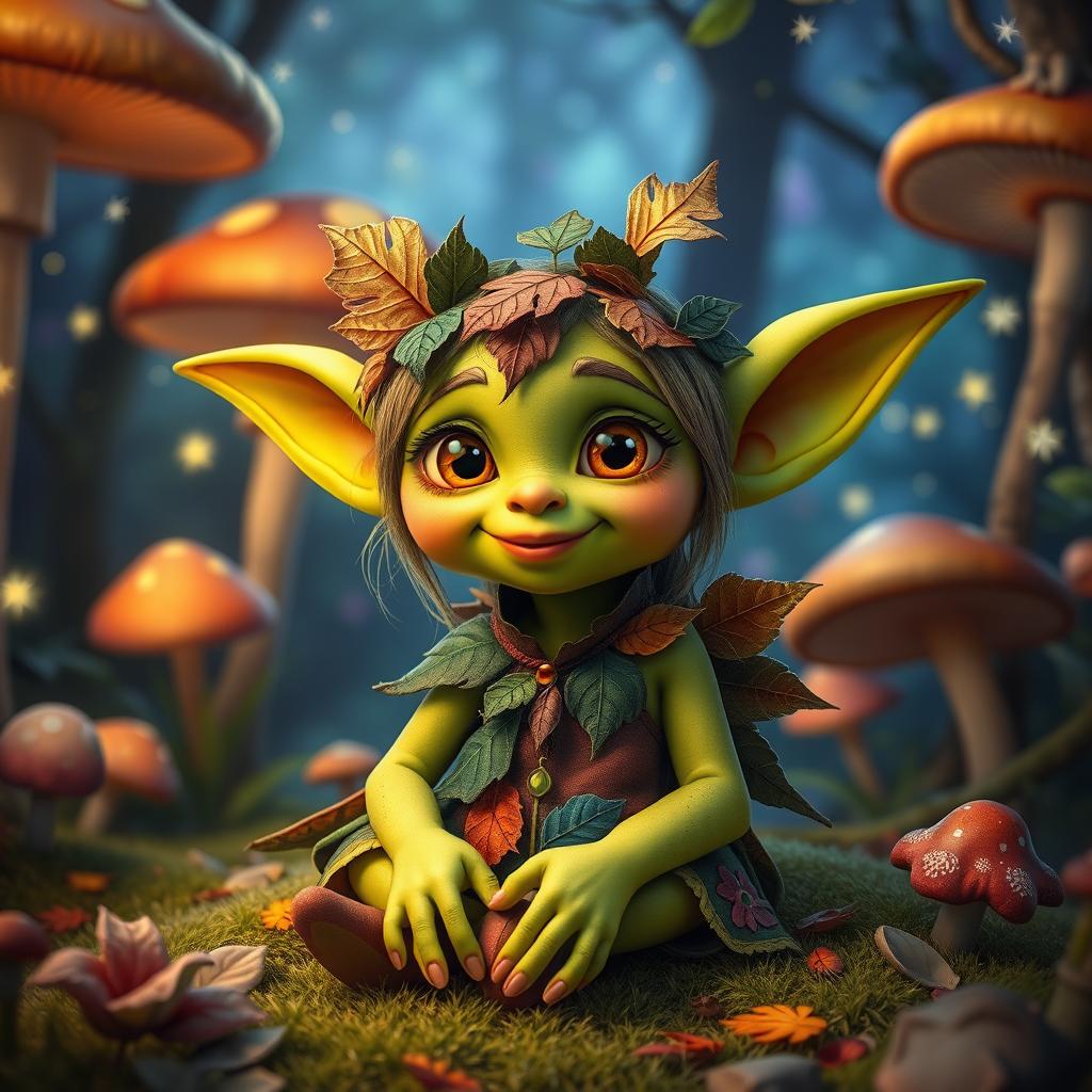 A small, whimsical female goblin with bright green skin and large expressive eyes, adorned with playful attire made from leaves and colorful patches