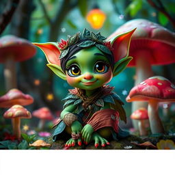 A small, whimsical female goblin with bright green skin and large expressive eyes, adorned with playful attire made from leaves and colorful patches