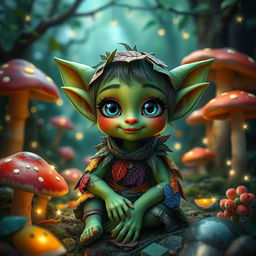 A small, whimsical female goblin with bright green skin and large expressive eyes, adorned with playful attire made from leaves and colorful patches