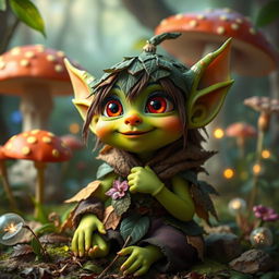 A small, whimsical female goblin with bright green skin and large expressive eyes, adorned with playful attire made from leaves and colorful patches